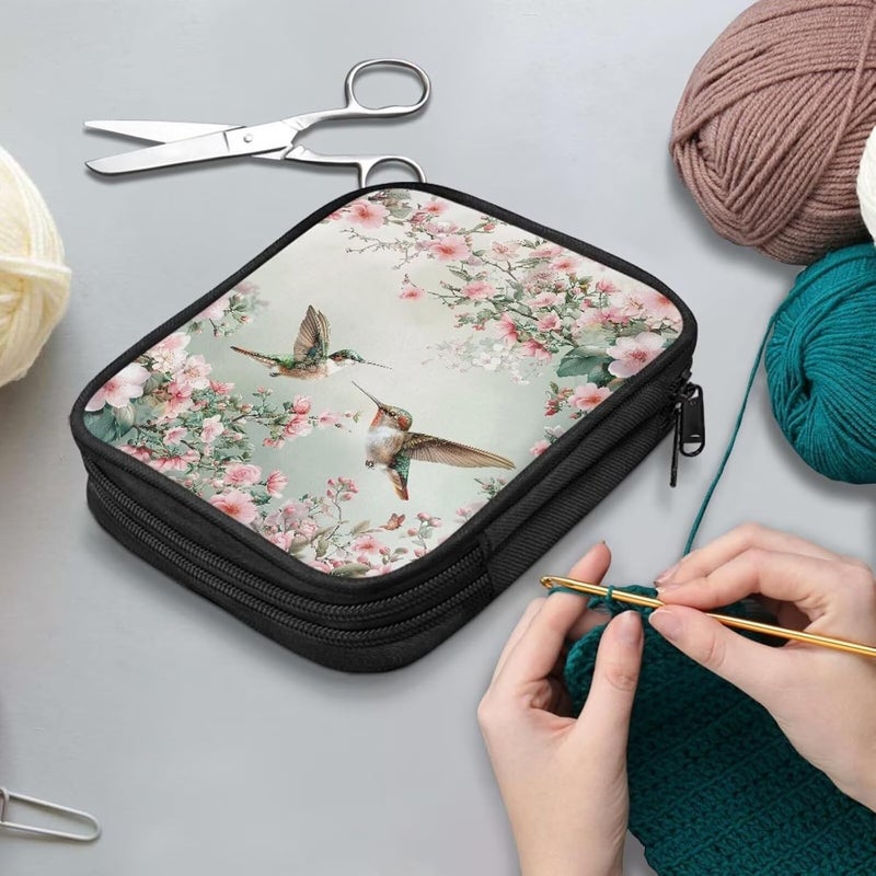 Hechitok Hummingbird Flower Crochet Hook Case, Zipper Storage Organizer Bag with Web Pockets for Crochet Needles/Knitting Accessories/Crochet Hook Kit Tools Easy to Hold - Image 3